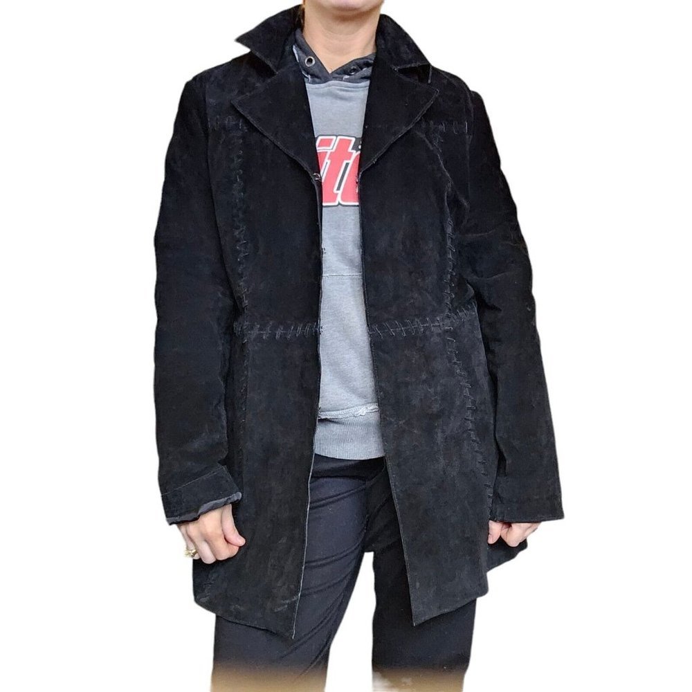Womens Black Suede‎ Patchwork Jacket Large Vintage 90s Leather Whipstitch Detail